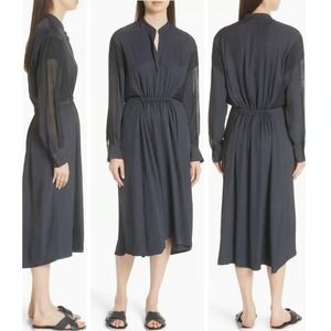 VINCE Navy Blue Silk Paneled Mixed Media Midi Dress Womens Small Cinched Waist